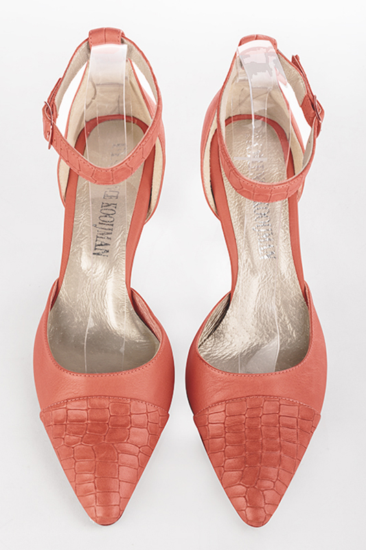 Coral orange women's dress pumps. Tapered toe. High kitten heels. Top view - Florence KOOIJMAN